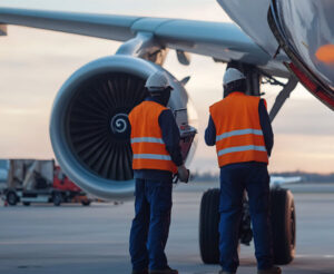 airline workers near plane