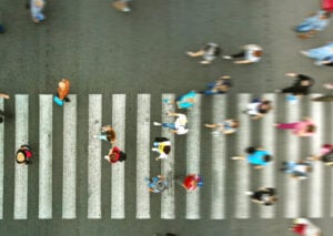 aerial view of crosswalk with pedestrians